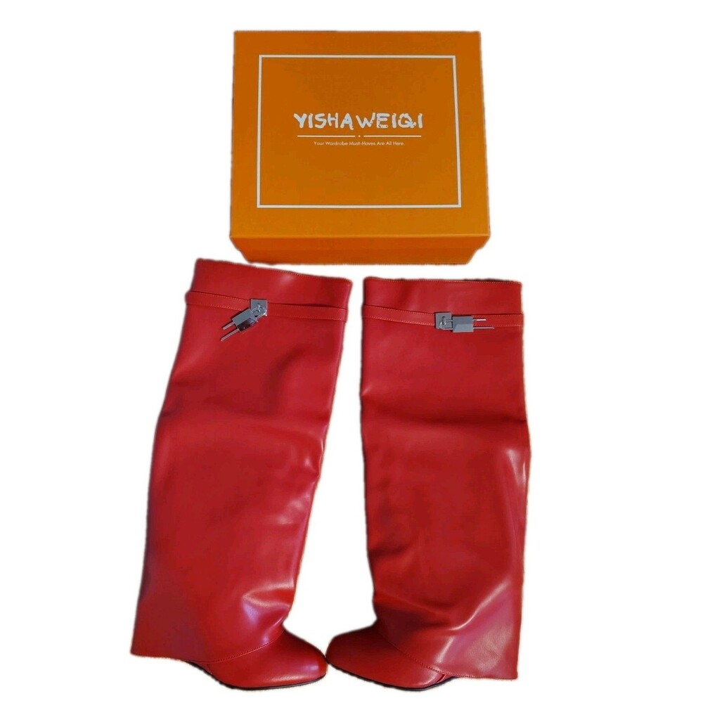 Yishaweiqi Fold Over Knee High Boots Red Wide Calf Wedge Heel Silver Lock Size 9